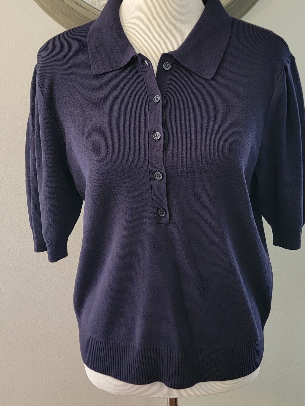 Navy Short-Sleeve Polo Knit Top